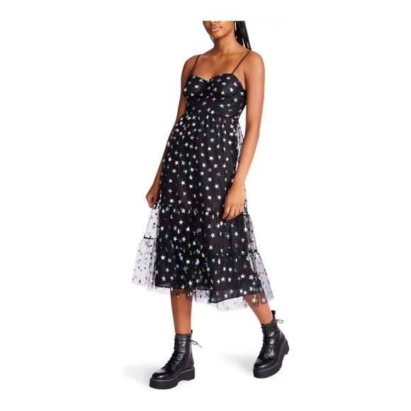 NEW Betsey Johnson Bustier Cup Silver Stars Midi Dress Black Mesh Tiered Size 8 - Picture 4 of 16